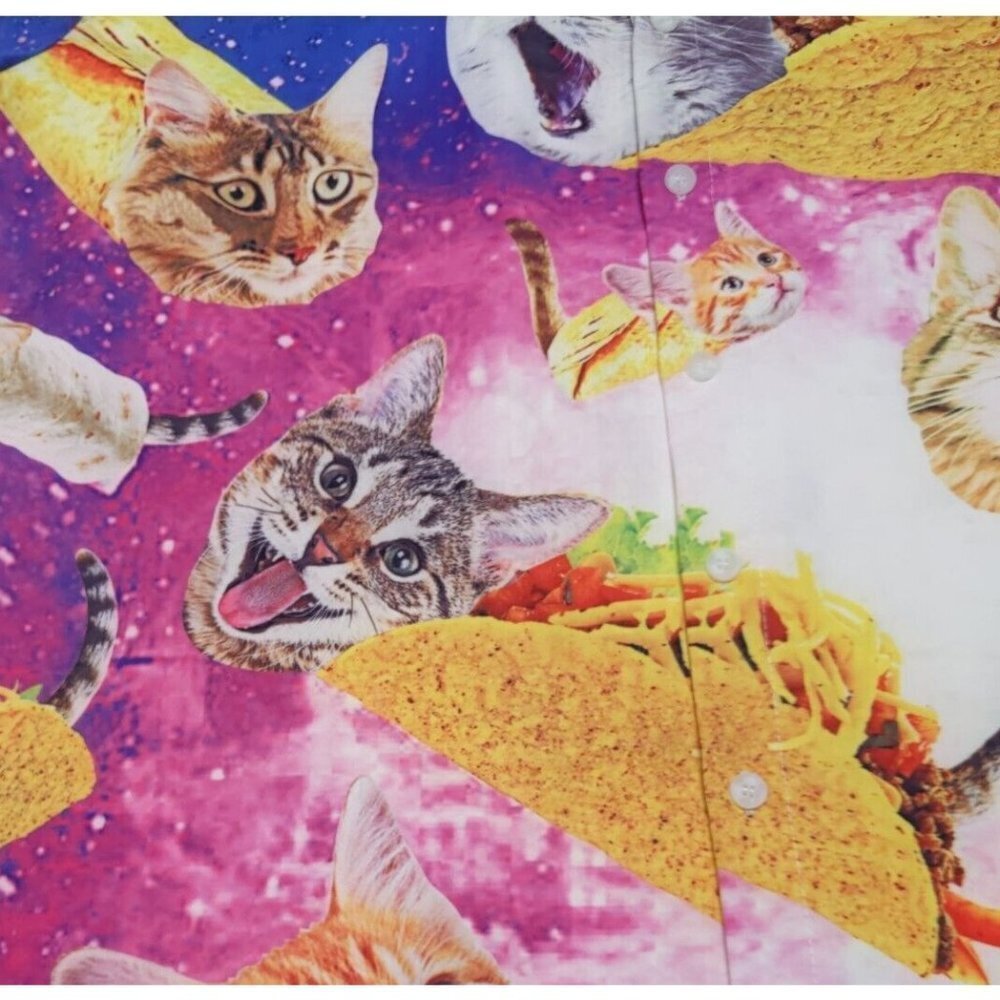Novelty Cat & Taco Print Short Sleeve Button-Down Shirt - Pink/Blue - Picture 12 of 14